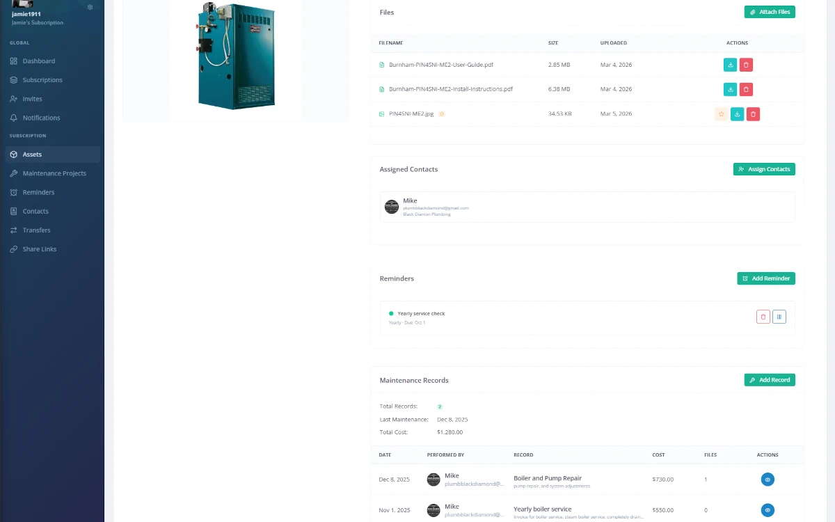 Maintenance records with cost tracking and file attachments