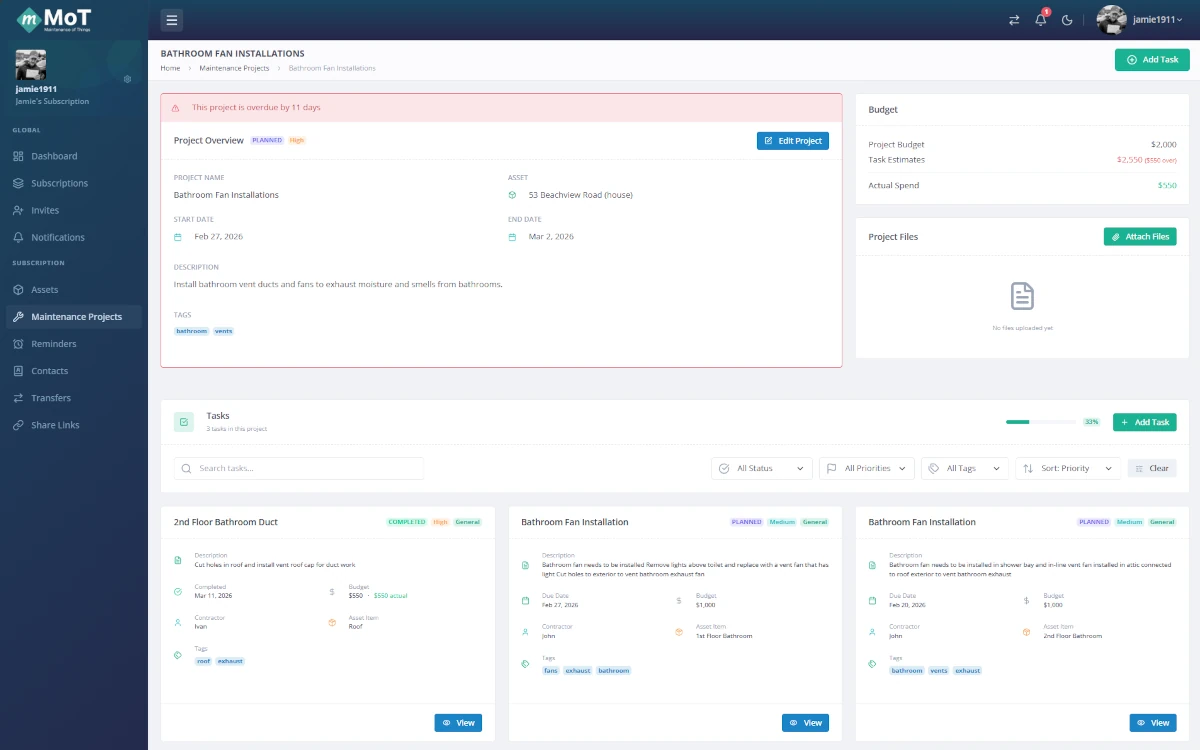 Maintenance records with costs, reminders, and project tracking